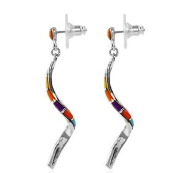 SANTA FE Style Kingman Turquoise and Multi Gemstone Swirl Earrings in SS NWT - Picture 4 of 4